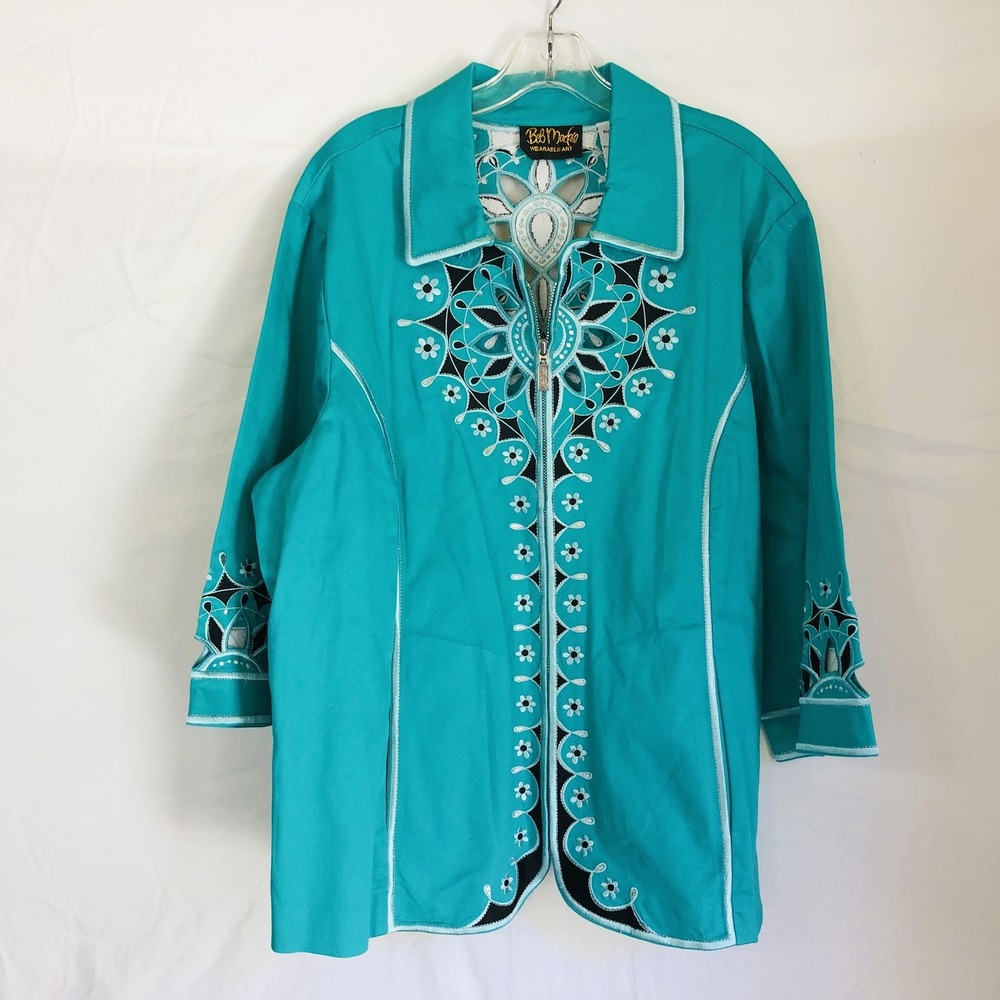 Bob Mackie Jacket Womens 2X Embroidered Wearable Art Zip Up Boho Floral 2000s